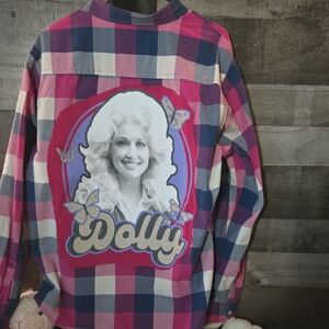 Sold!Upcycled Checkered Aeropostale  Lg Shirt with Butterfly Patch/Dolly Graphic